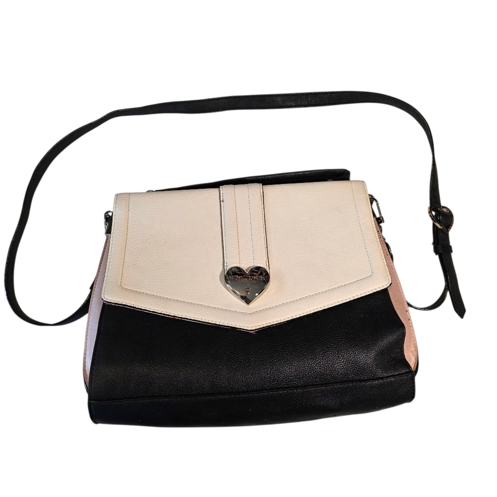 Betsey Johnson Heart Lock Satchel Black White Pink Crossbody Strap VGC